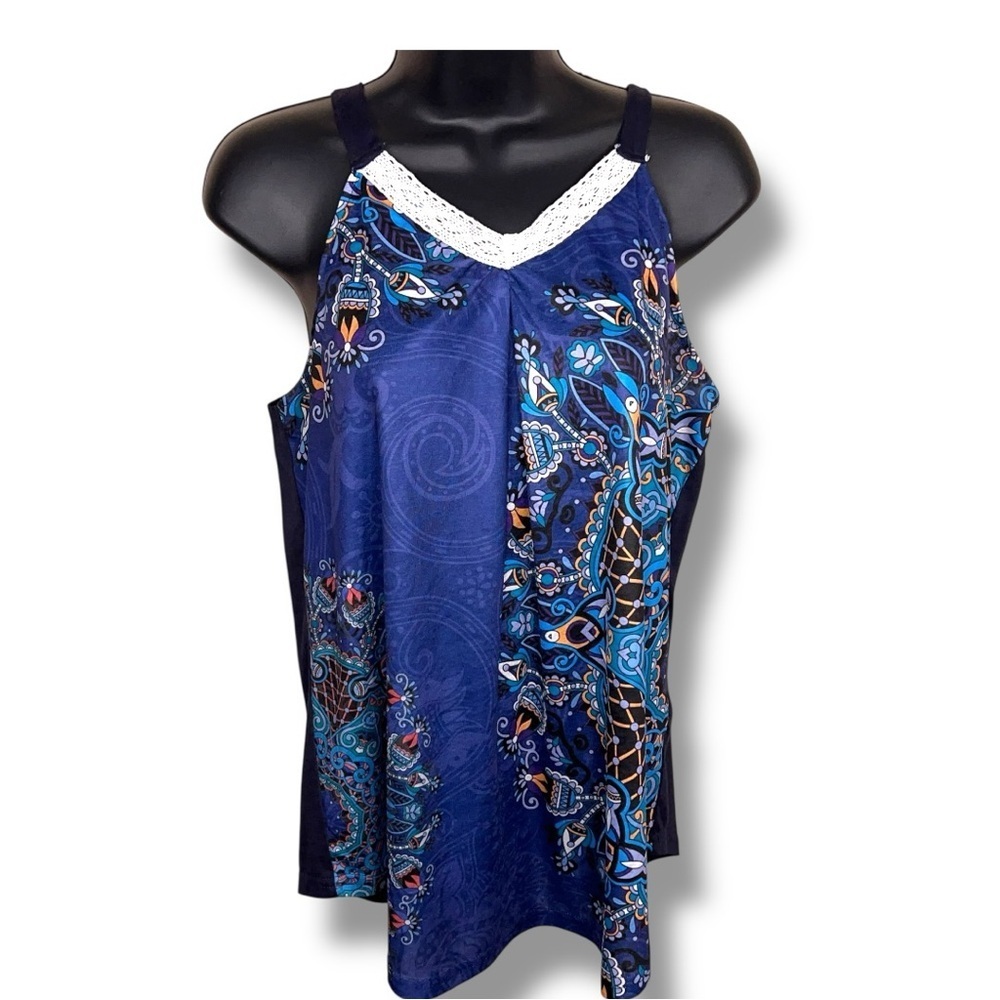 Medium LoveUDear Boho Blue Colorful Tank Floral Mandala Lace Embroidery Accent